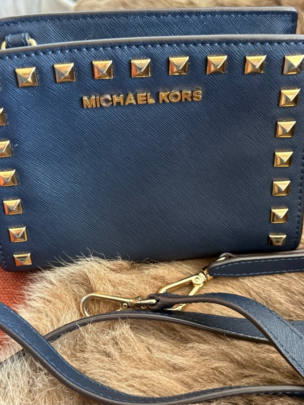 Michael Kors Navy Saffiano Crossbody with Gold Studs